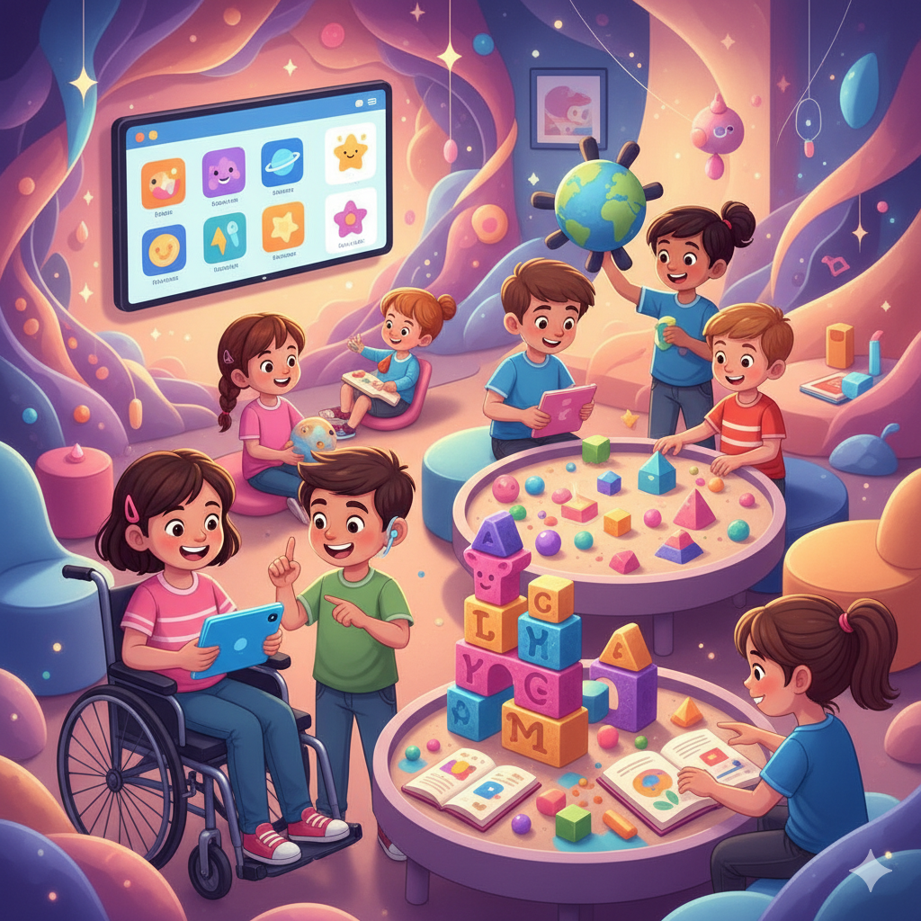 Niños diversos aprendiendo juntos